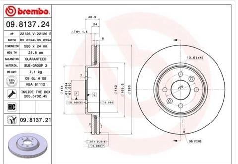 Tarcza hamulcowa Renault Clio Kangoo Megane Scenic BREMBO 09.8137.21